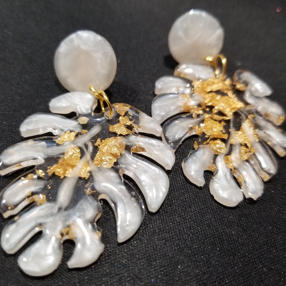 Hand crafted. White and gold leaf earrings. light weight resin